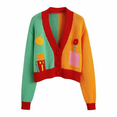 China Anti-wrinkle fashion block colors sweater knitted cardigan women sweater cardigan women autumn v-neck women knit top for sale