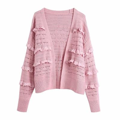 China Anti-wrinkle women lace up cardigan sweater knitwear sweater coat spring autumn soft and cute ruffled womens long sleeve knitted sweater for sale