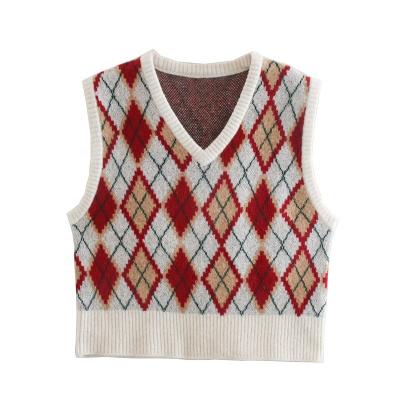 China Anti-wrinkle women sweater knitwear vest knitted argyle jacquard sweater women vest sweaters for girls for sale