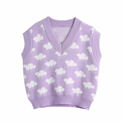 China Anti-wrinkle women vest knitwear basic v neck sweater women knit sleeveless small cloud print women sweater vest for sale