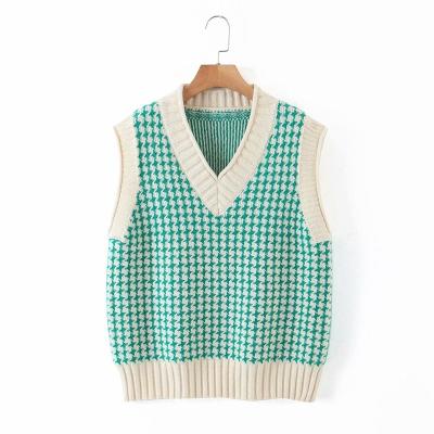 China Anti-wrinkle Design Ladies V-Neck Grid Sweater Vest Hot Selling Literary Style Houndstooth Loose Vest for sale