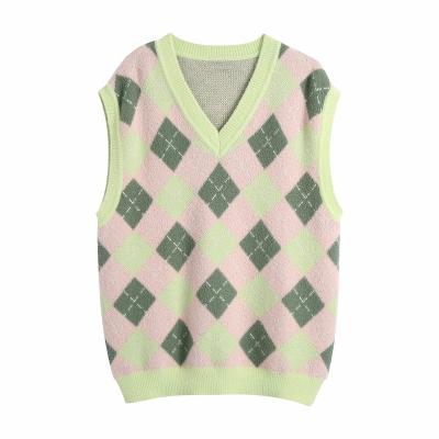 China Argyle Sweater Vest Sleeveless Vest Knitted V-Neck Sweaters Anti-Wrinkle Women Sweaters For Girls Custom Sweater for sale