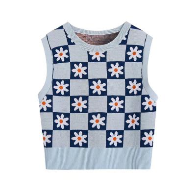 China Anti-wrinkle Women Spring Knitwear Vest Crewneck Jacquard Flower Check Sweater Vest Sweaters For Girls Custom Sweater for sale