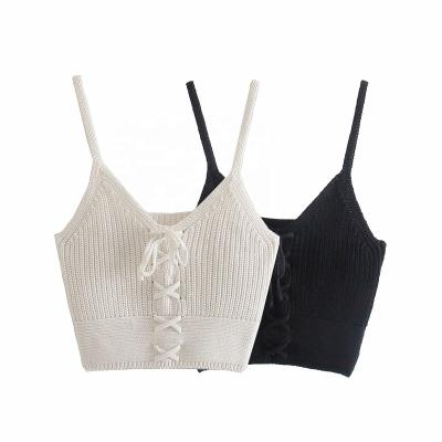 China Anti-wrinkle fashion slim girls knitted women short sweaters woven short sling top sexy solid with lace up knitwear female chic vest for sale