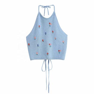 China 2021 Summer Women's Sweater Retro Floral Embroidery Knitted Top Girl's Sweater Vest Anti-wrinkle Short Soft Suspender Top for sale