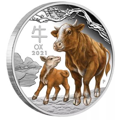 China Europe Ready To Ship AUS 2021 Lunar Ox Silver Proof Coin With Colorized Ox Souvenir Coin for sale