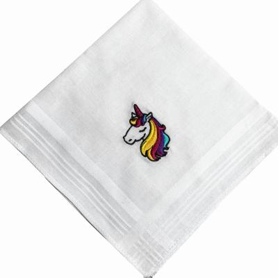 China Jacquard Unicorn Embroidery Kids And Ladies Small White Plain Cotton Handkerchiefs for sale