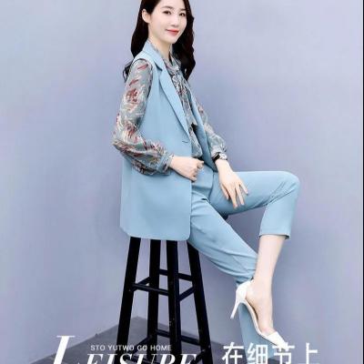 China 2021 autumn new style western floral shirt fashion breathable suit female slim diet three-piece suit for sale