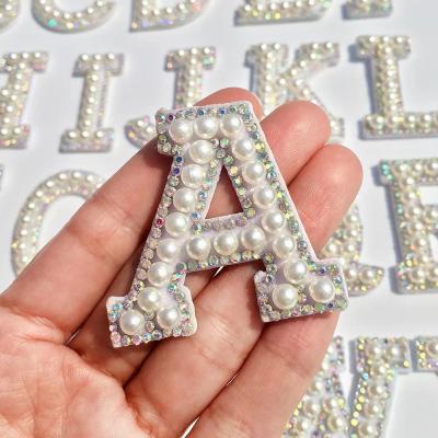 China 3D 26 English Letters Bead Rhinestone Patches For Clothing A-Z Alphabet Pearl Rhinestones Applique Sew On/Glue On Name Patches DIY for sale