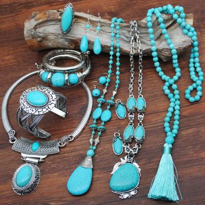 China Set Bohemian Turquoise BOHEMIA Turquoise Necklace Vintage Dangle Dangle Earrings Bracelet Statement Boho Jewelry Set for sale