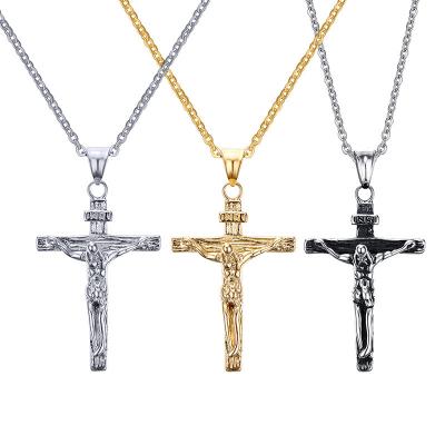 China Environmental Friendly Stainless Steel Catholic Jesus Christ on INRI Cross Crucifix Necklace Gold Silver Two Tone Pendant Necklace for sale