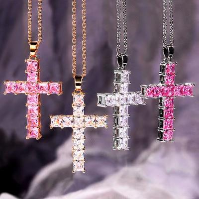 China Environmentally Friendly Hot Selling Female Cross Necklace Inlaid Pink White Zircon Women's Fashionable Soft Necklace For Party Jewelry for sale