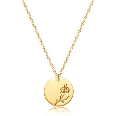 China Casual/Sporty Birth Flower Necklace 18k Gold Engraved Custom Floral Pendant Tasty Hand Stamped Flower Necklaces Birth Month Flower Disc Charm for sale