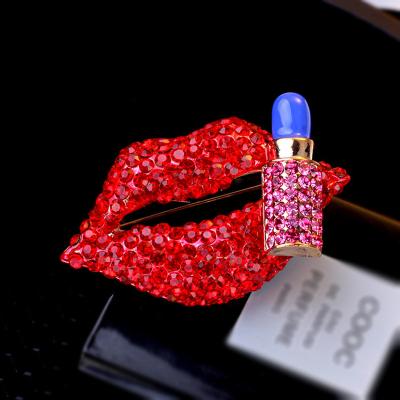 China Beautiful Hot Lips Lipstick Rhinestone Brooch Pin Women Jewelry Sweater Shawl Scarf Buckle for sale