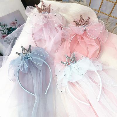 China Cloth Headbands for Kids Girl Princess Crown Bow Knot Flower Hairbands Yarn Veil Korean Handmade Hair Accessories Wholesale for sale