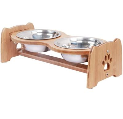 China Best Viable Selling Bamboo Wooden Adjustable High Dog Bowl Animal Feeders With 2 Stainless Steel Bowls for sale