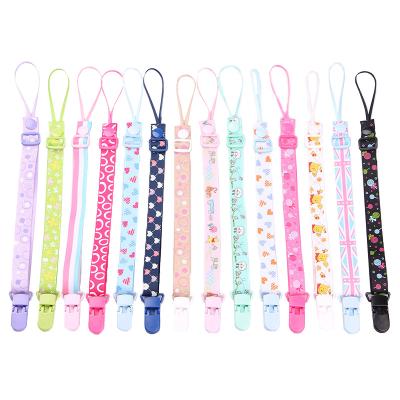 China Baby Teething Strap Hot Sale Baby Pacifier Clip Chain Polyester Holder Pacifier Clip Strap Lanyard With Tag Name for sale