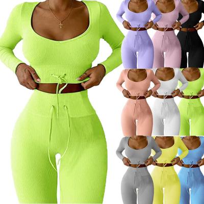 China Breathable Women 2 Piece Gym Fitness&Yoga Wear Full Long Sleeve Crop With High Waist Leggings Workout Set for sale