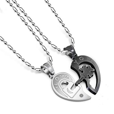 China Stainless Steel Interlocking Key Romantic Couples Jigsaw Puzzle Half Necklace Pendant Jigsaw Necklace for sale