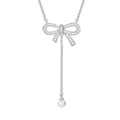 China FASHIONABLE 18k White Gold Bow Necklace s925 Silver Pearl Zircon Arc Pendant Necklace for sale