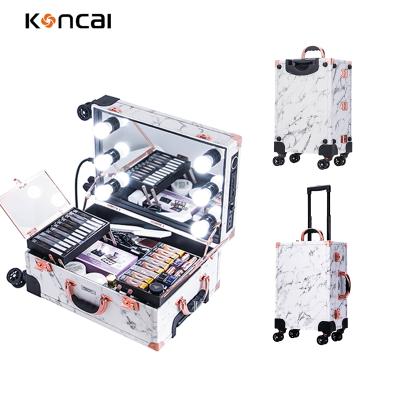 China Fashion NEW YEAR Marble Color Makeup Case With Lights Makeup Trolley Beauty Case for sale