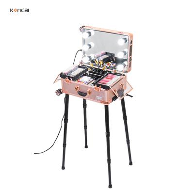 China Large Capacity Professional Fashion Makeup Case Rose Gold Makeup Station Aluminum Rolling Case With Lights for sale