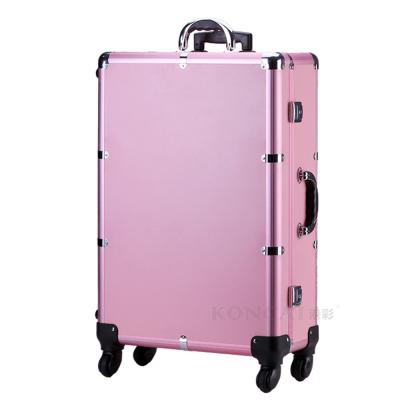 China Aluminum 4 Wheels Makeup Suitcase Train Removable Professional Beauty Rolling Cosmetic Case 4pcs Trays And Compartments With Lighted Mirror Makeup Box for sale