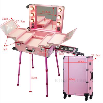 China Popular Professional Removable 4pcs Trays Makeup Trolley Case Makeup Vanity and Compartments with Lights Makeup Train Case for sale