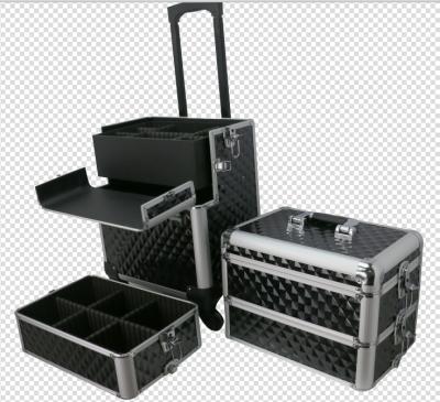 China Durable 4 In 1 Aluminum Cosmetic Case Beauty Box Convenient Rolling Makeup Trolley Case for sale