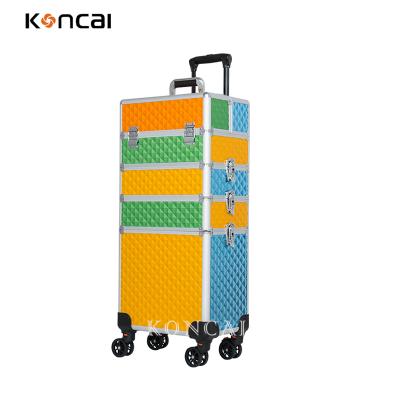 China Large New Capacity KONCAI Makeup Train Case 4 In 1 Aluminum Beauty Makeup Trolley Set Case KC-TR007 for sale