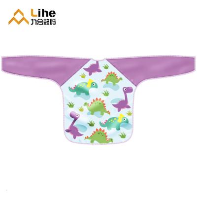 China Polyester Antibacterial Reusable Waterproof Baby Feeding Bib With Long Sleeve , Cute Animal Dinosaurs for sale