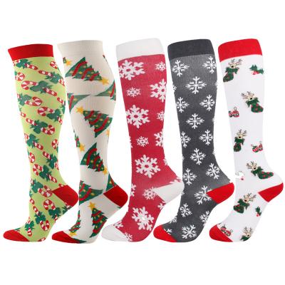 China Compression Wholesale 5 Mix Styles Nylon 15-20 mmHg Christmas Tree Snowflake Pattern Compression Socks for sale