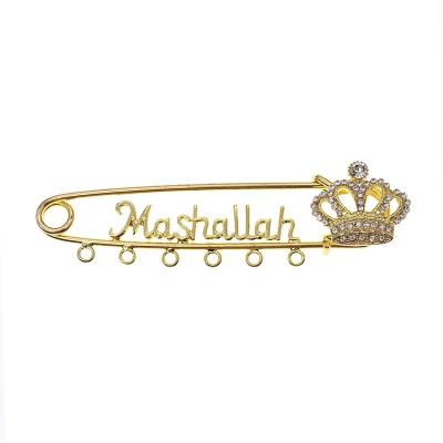 China 10.5CM ALLOY 6 Loops Rhinestone Crystal Gold /Silver Plated Crown Brooch Baby Pins Muslim Islam Allah Mashallah In Arabic Safety Pins for sale