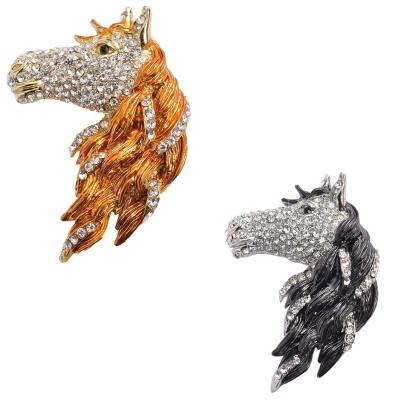 China Fashion Jewelry Trendy Horse Head Crystal Rhinestone Metal Animal Brooch Pin For Men for sale