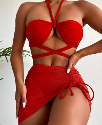 China Plus size halter 3PCS red ruffle skirt bikini set women swimsuit whist top cut tied backless cross back swimwear bikini factory for sale