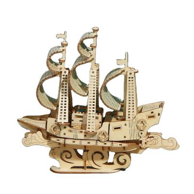 China Cartoon Toy Supply Kids Sailboat Wooden Nautical Model Jigsaw Puzzles Sailboat 3D Toys Splicing Toys for sale