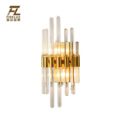 China EUROPEAN READY Brass Color Gold Size Hotel Villa Copper Stock H65 Glass Rod Post Modern Mini Wall Lamp For Bedroom Home Decor for sale