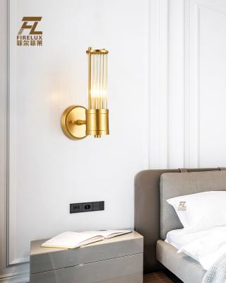 China EUROPEAN READY Brass Color Gold Size Hotel Villa Copper Stock H65 Glass Rod Post Modern Mini Wall Lamp For Bedroom Home Decor for sale