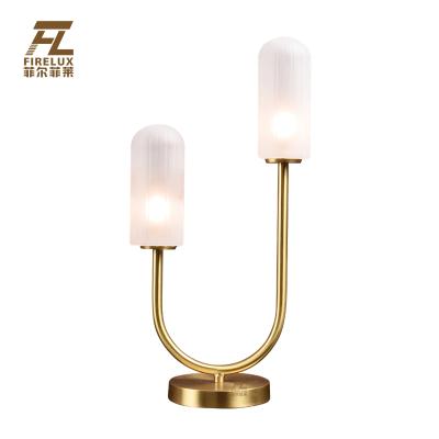 China European Modern Minimalist Bedroom Style Decorative 2 Head Nordic Table Lamp Ivory White Glass Copper Modern Shade for sale