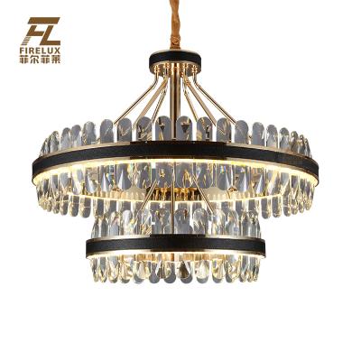 China Contemporary gold and black frame leather tall size k9 crystal chrome and color custom modern simple style european hanging lighting for sale