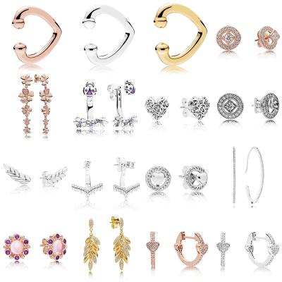 China NEW 100% CLASSIC Original 925 Sterling Silver Shine Floating Grains Rose Gold Alluring Hearts Hoop Earring Jewelry DIY Fit Women for sale