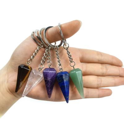 China Healing Clear Energy Healing Souvenir Gifts Promotion Healing Hexagonal Hexagonal Key Chain Natural Stone Quartz Spirit Pendulum Pendant Key Chain for sale