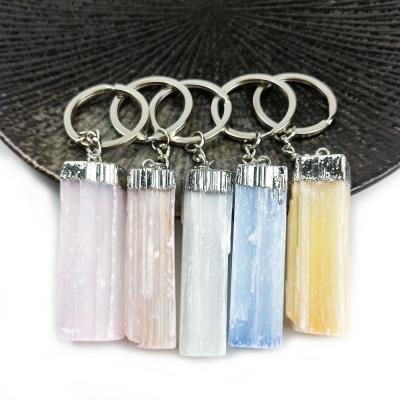 China Souvenir Gifts Promotion Mixed To Color Raw Ore Crystal Key Chain Gypsum Stone Natural Irregular Rectangular Key Chain for sale