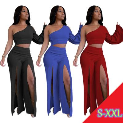 China Anti-Wrinkle MISS Q X1142 Drop 2 Piece Wide Leg Pants Set One Shoulder Two Piece Outfits Women Sets With Slit for sale