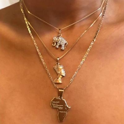 China Environmental Friendly 3 Pcs / Set Vintage Crystal Multilayer Gold Egyptian Pharaoh African Map Elephant Necklace Set for sale