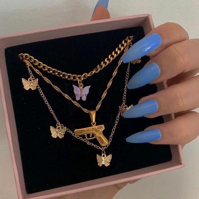 China Environmental Friendly Bohemian Butterfly Sets Women Jewelry Gold Multilayer Acrylic Gun Butterfly Necklace for sale