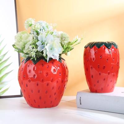 China Modern Wholesale Custom Red Strawberry Ceramic Vase Set For Home Art Sculpture Decor Plant Pot Gift Desk Ornament for sale