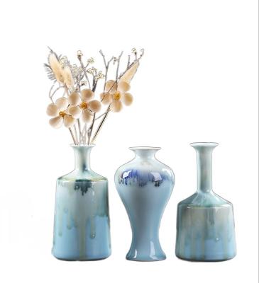 China Japandi LIVEFUN Flower Vases Porcelain Misty Blue Antique Ceramic Accidental Stain Vase Sets For Home Decoration for sale