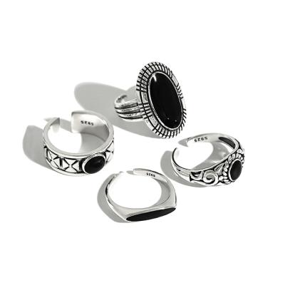 China wholesale punk 925 Sterling Silver Vintage Initial Chunky Ring Set For adjustable open epoxy black 2021 women for sale