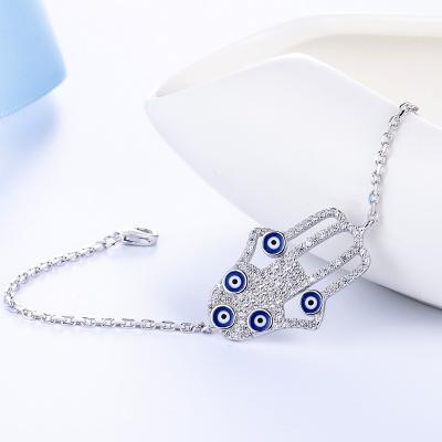 China TRENDY 925 Sterling Silver Hamsa Hand Blue Evil Eye Bracelet for sale